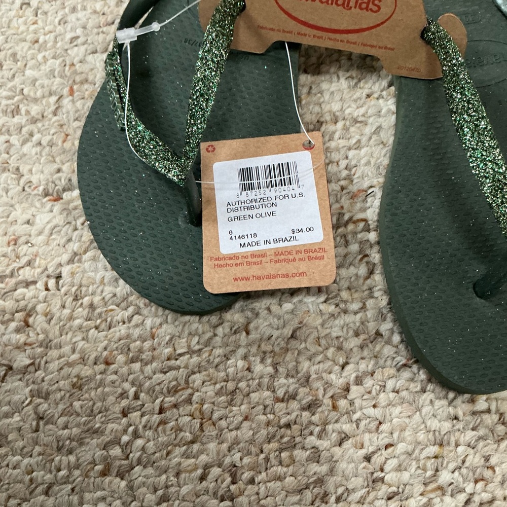 Havaianas Olive Green Flip Flops with Glitter Straps - Picture 2 of 3
